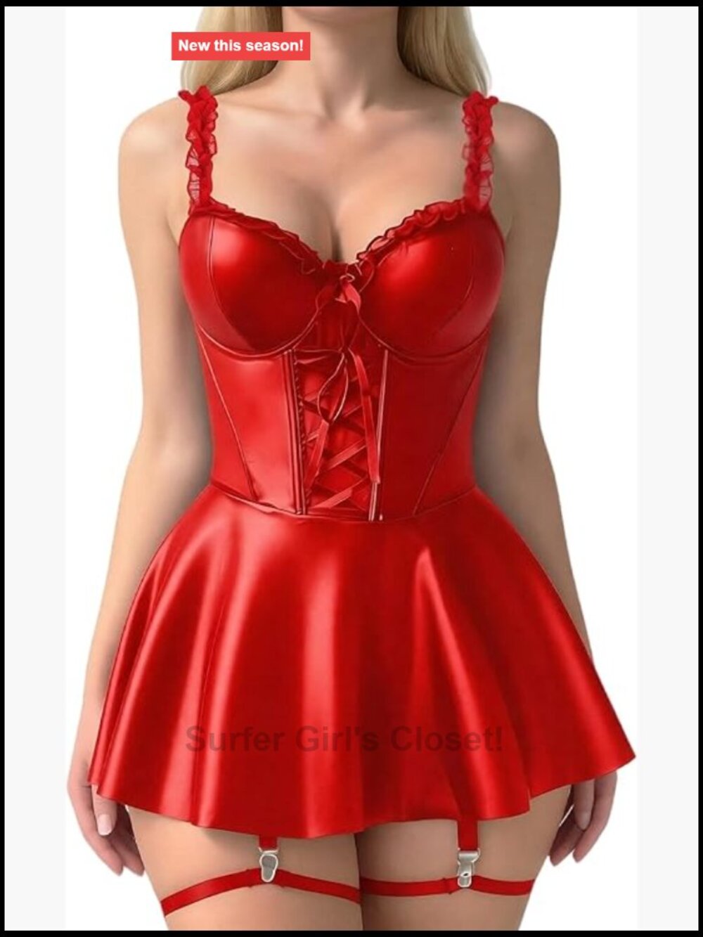 PU Leather Lingerie Mini Dress Sleeveless Lace Up Babydoll